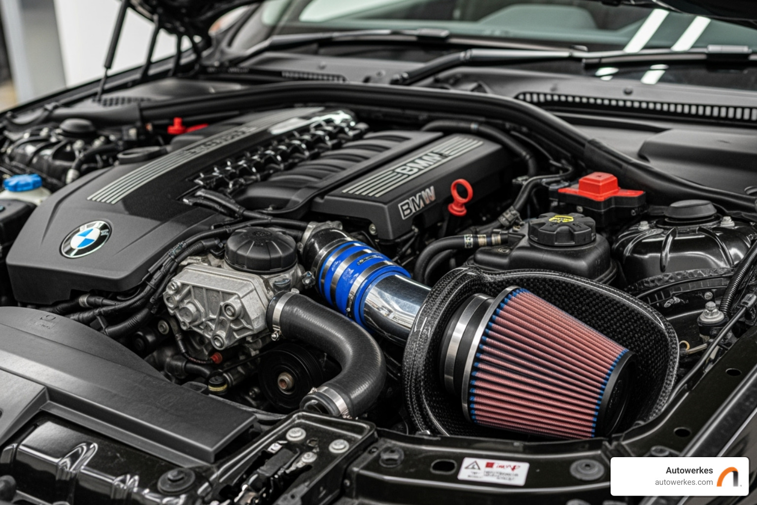 clean engine bay of a BMW showcasing a performance air intake - performance car parts