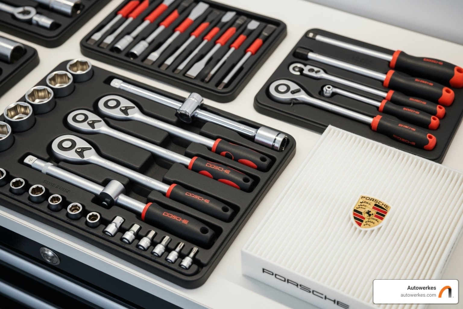 A clean and organized mechanic's tool set laid out neatly next to a brand new Porsche air filter, ready for installation - Porsche air filter change
