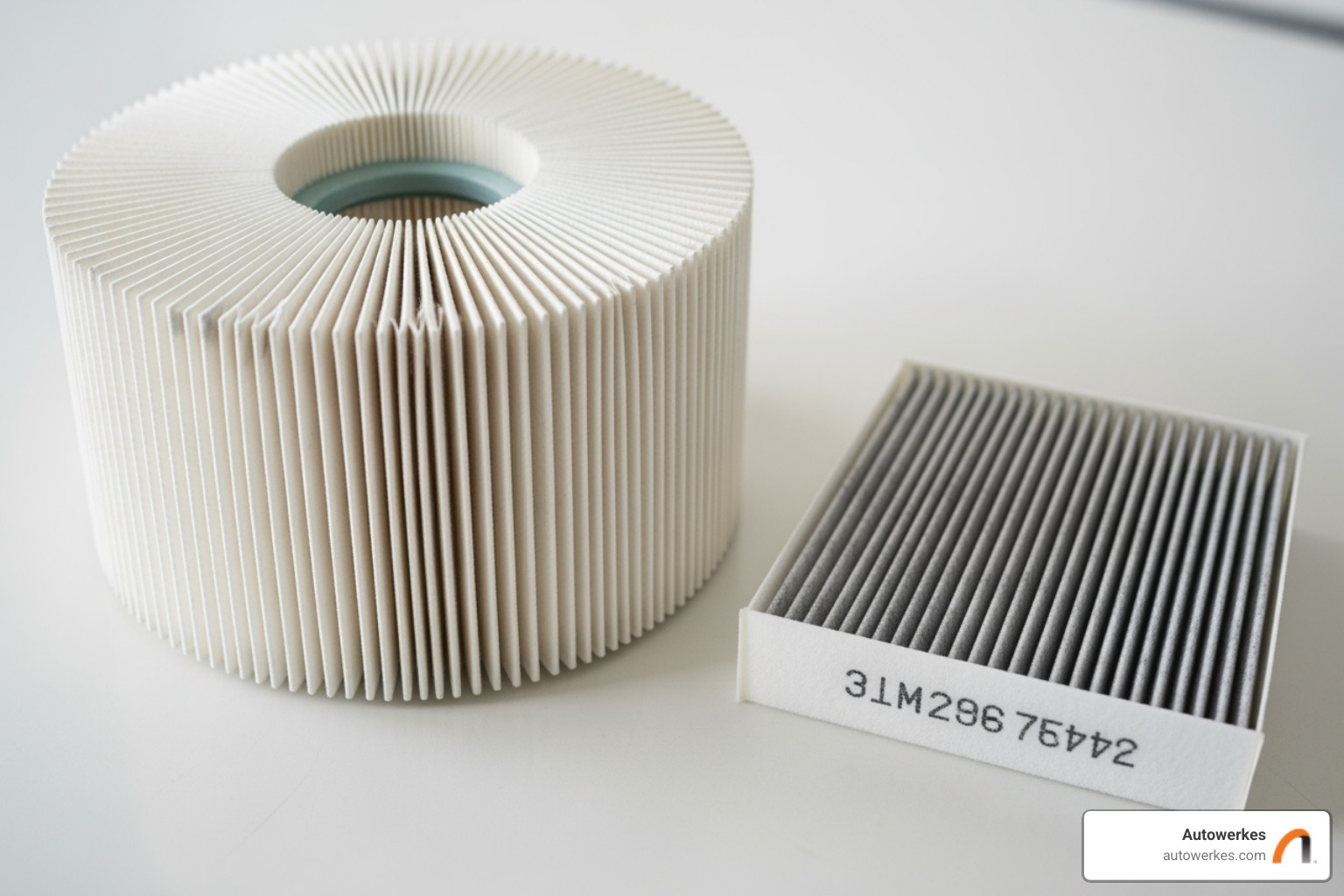 A visual comparison showing an engine air filter (typically larger, pleated paper) next to a cabin air filter (often smaller, rectangular, and sometimes carbon-impregnated), highlighting their distinct appearances and functions - Porsche air filter change