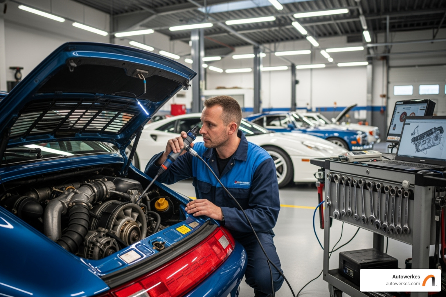 A skilled technician carefully accessing the engine bay of a Porsche 911, demonstrating the precision required for maintenance tasks on high-performance vehicles - Porsche air filter change