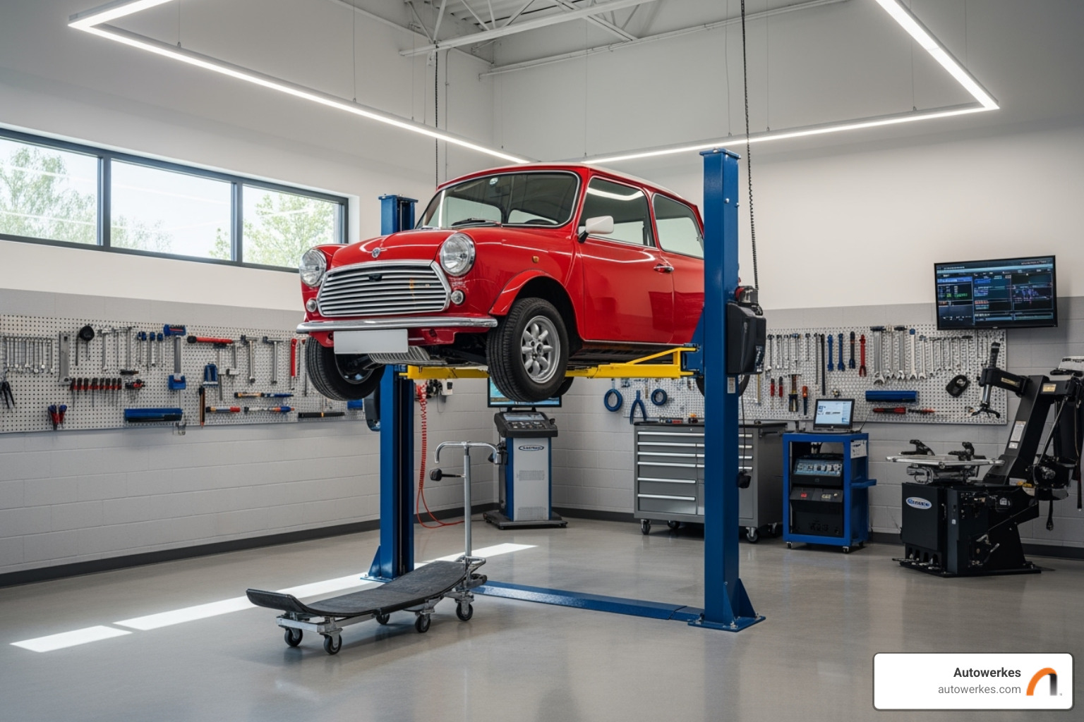 Autowerkes service bay with a Mini Cooper on a lift - mini cooper ac repair