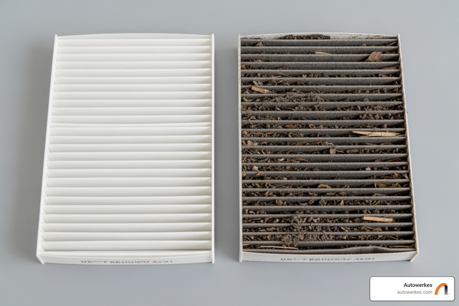 Image of a clean vs. dirty cabin air filter - mini cooper ac repair