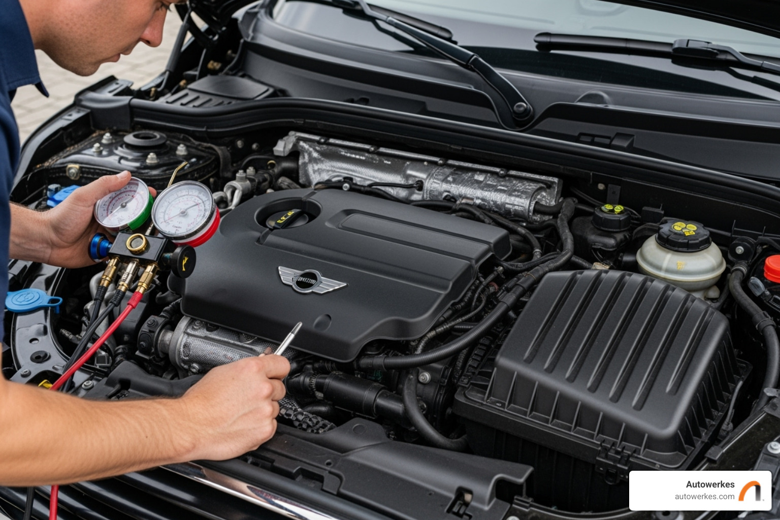 Technician inspecting a Mini Cooper's engine bay with AC gauges - mini cooper ac repair