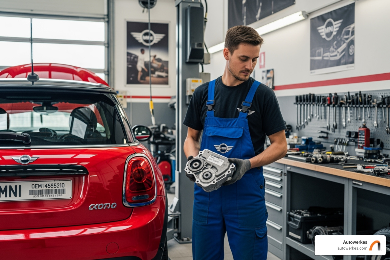 Technician holding a genuine MINI OEM part next to a vehicle - mini cooper body repair