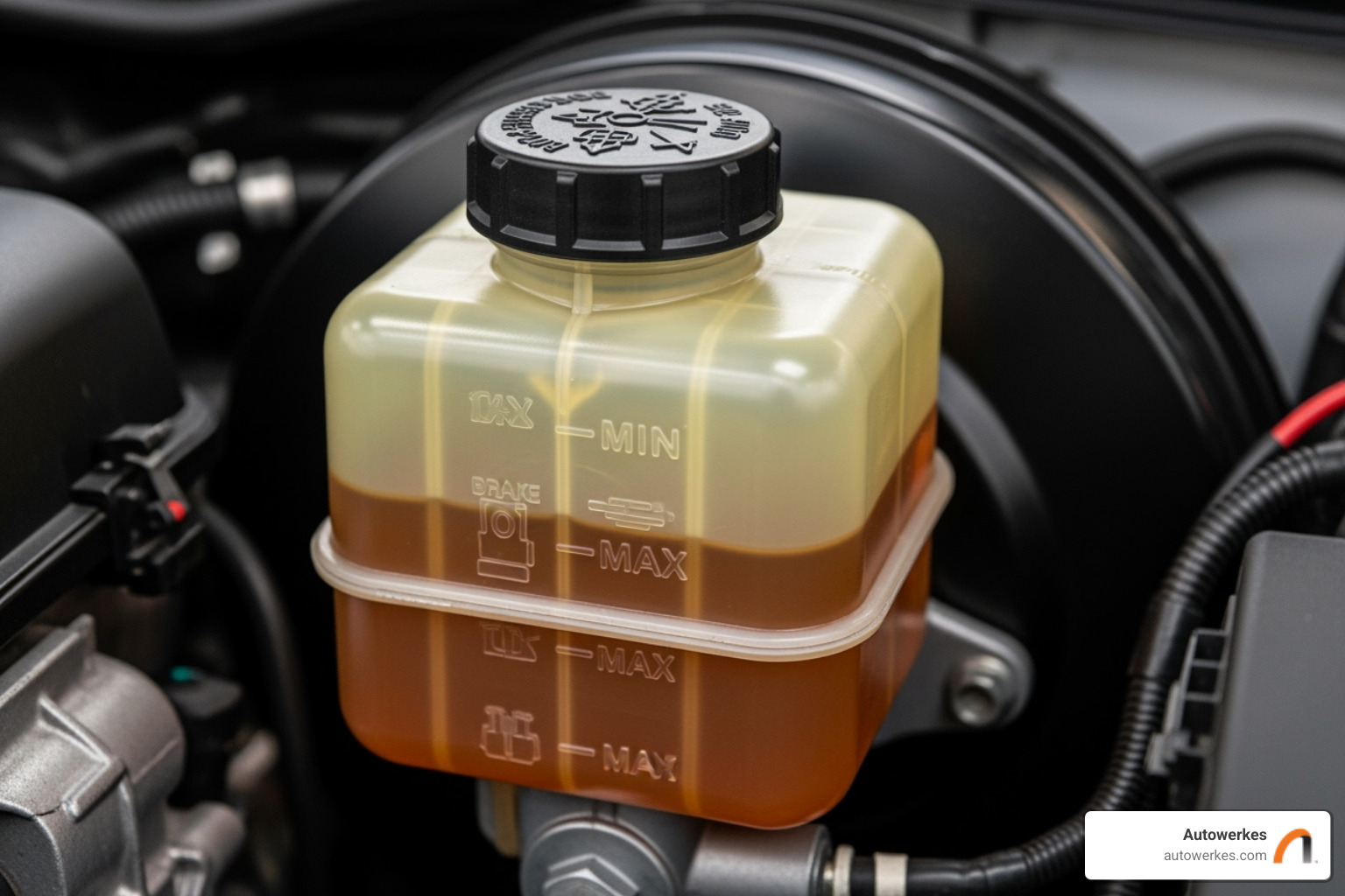 brake fluid reservoir showing min/max lines - mini cooper brake repair