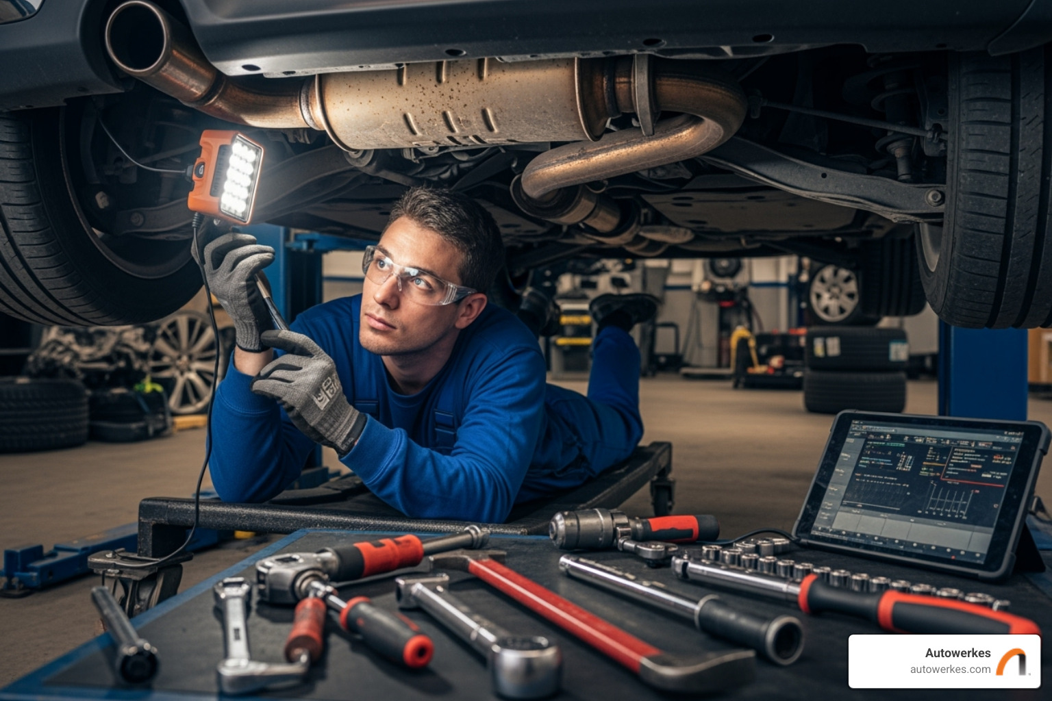 technician inspecting Mini Cooper exhaust - mini cooper exhaust repair