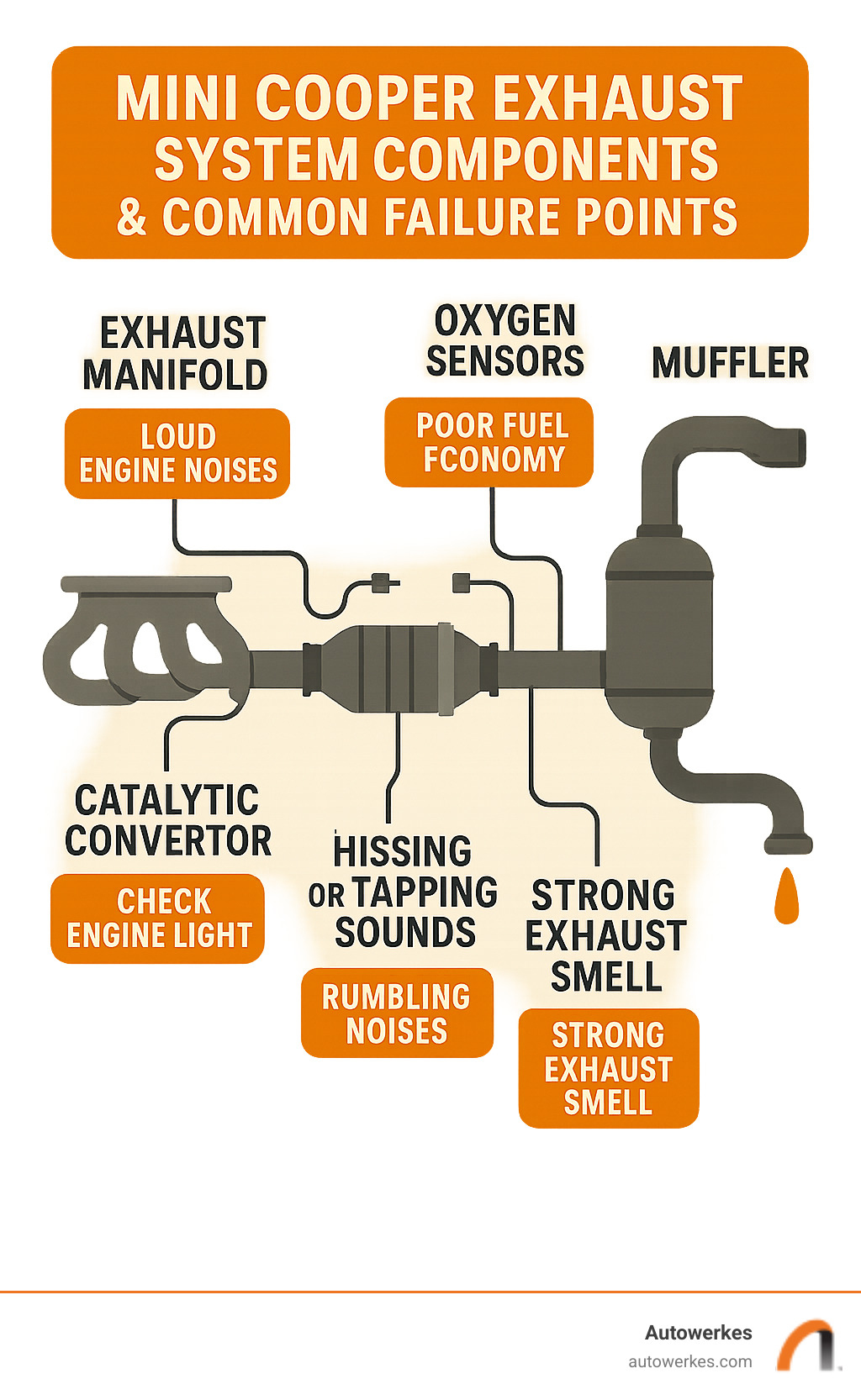 Mini Cooper exhaust system components and common failure points infographic showing exhaust manifold, catalytic converter, oxygen sensors, flex pipe, muffler, and tailpipe with typical symptoms for each component - mini cooper exhaust repair infographic 
