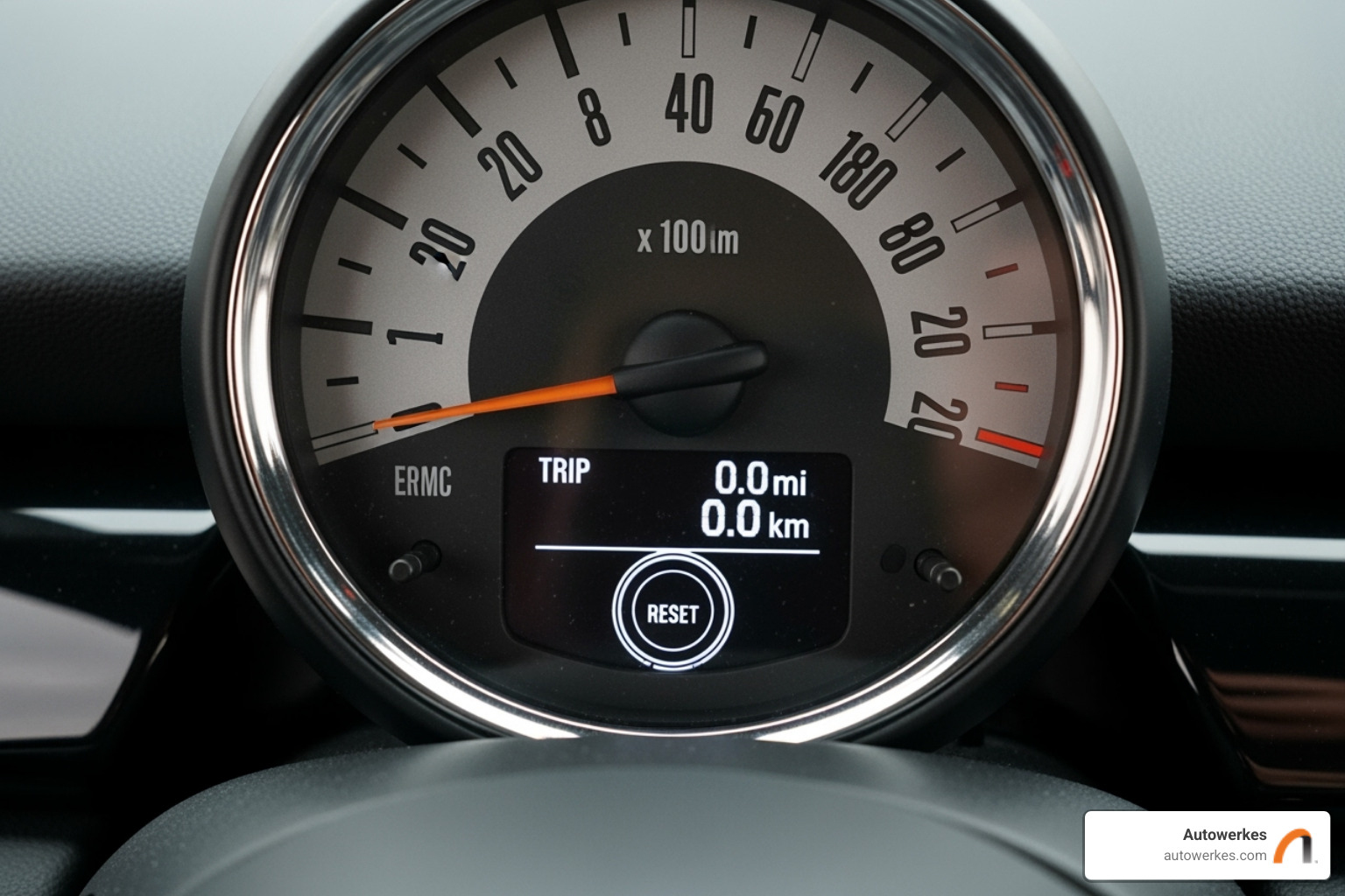 Mini Cooper instrument cluster with trip odometer reset button highlighted - how to reset mini cooper service light 2015