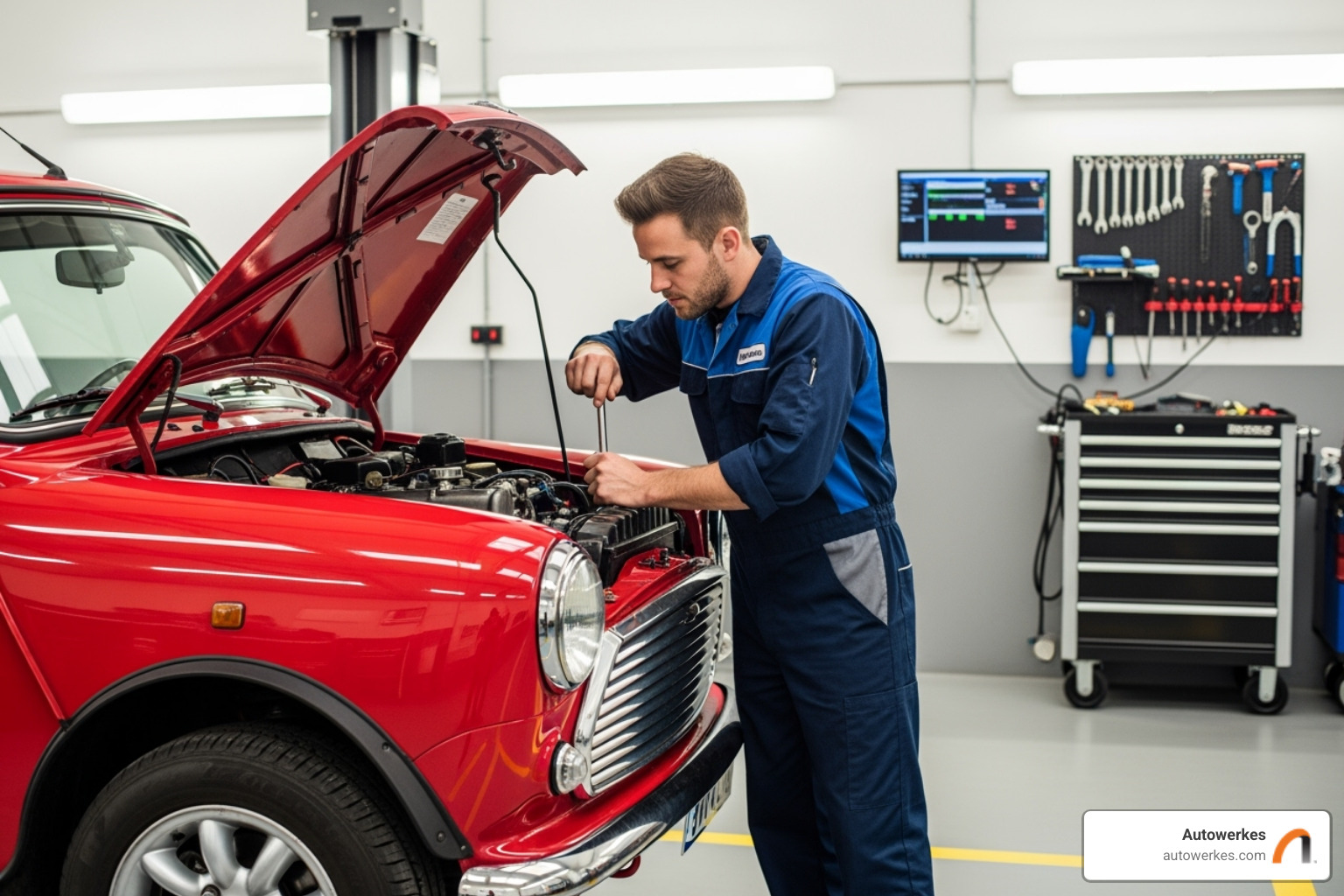 Autowerkes technician working on a Mini Cooper in a clean service bay - how to reset mini cooper service light 2015
