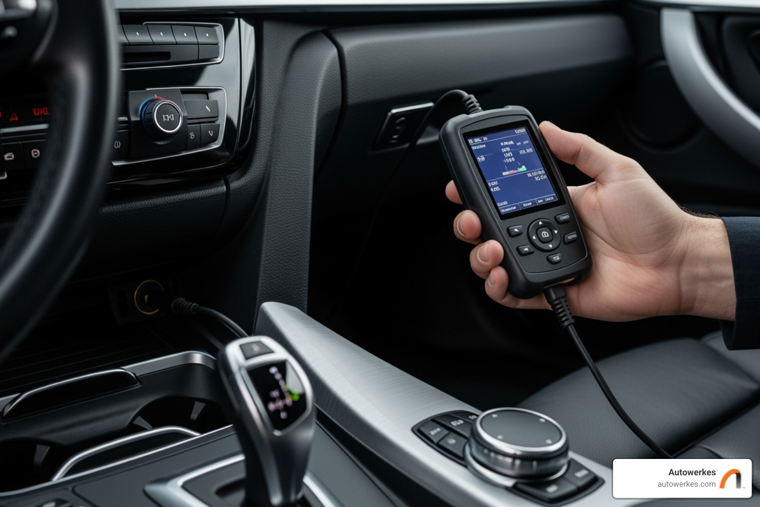 Image of an OBD-II scanner plugged into a BMW - BMW check engine light