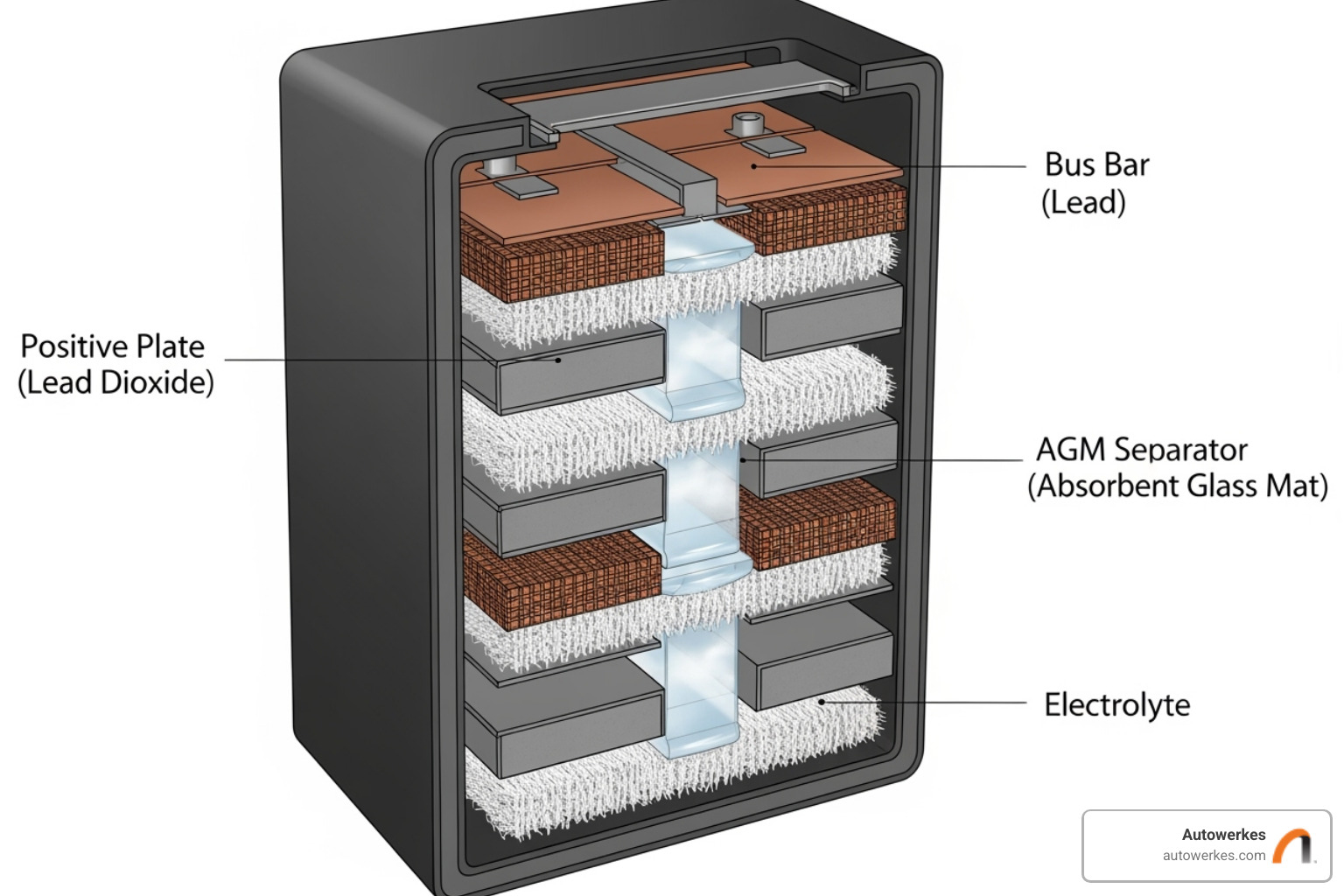 internal structure of an AGM battery showing the glass mat separator - agm battery