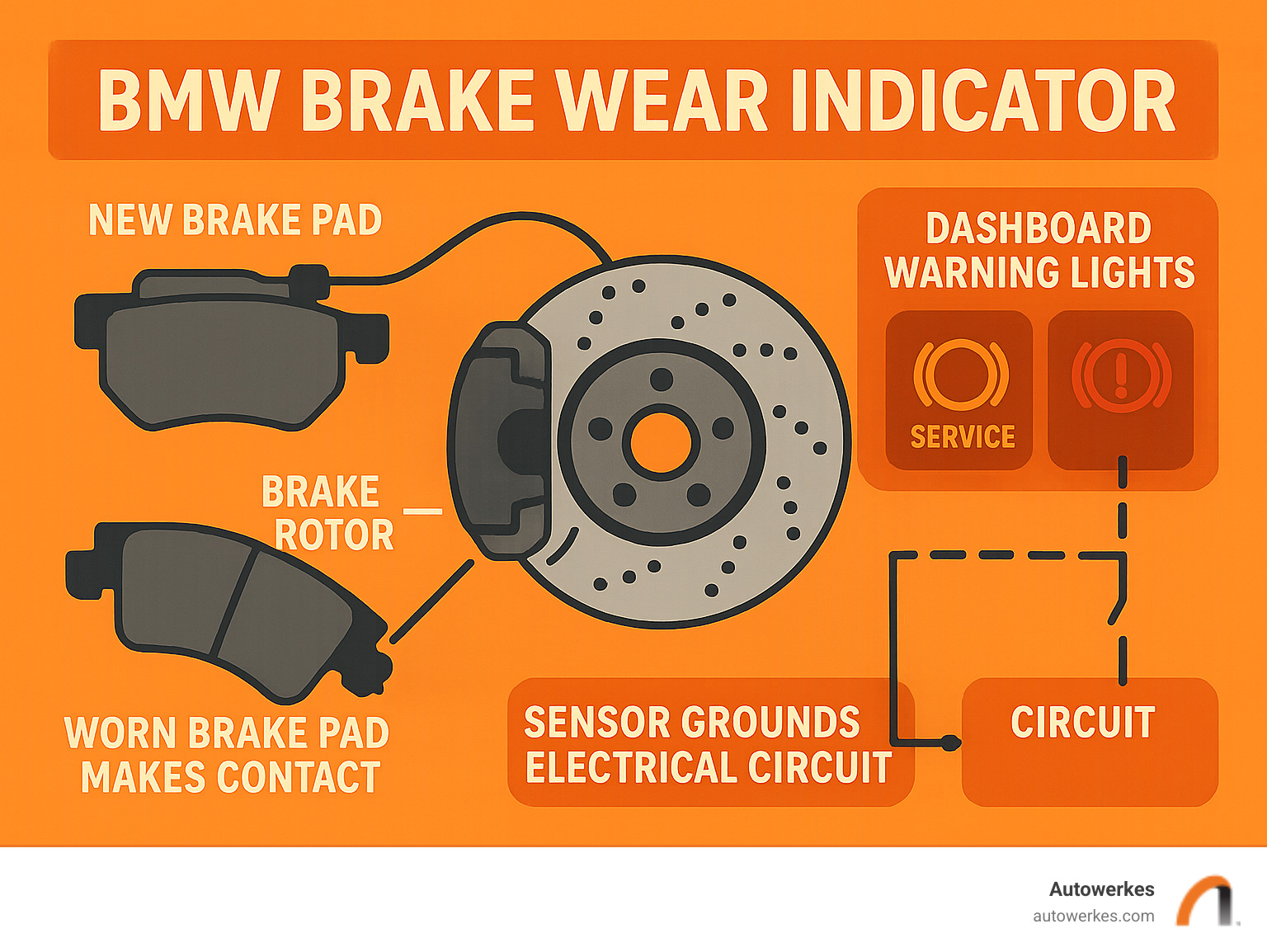 Infographic showing BMW brake wear indicator system components including new brake pad with sensor wire, worn pad making rotor contact, dashboard warning lights, and the electrical circuit completion process - BMW brake wear indicator infographic 