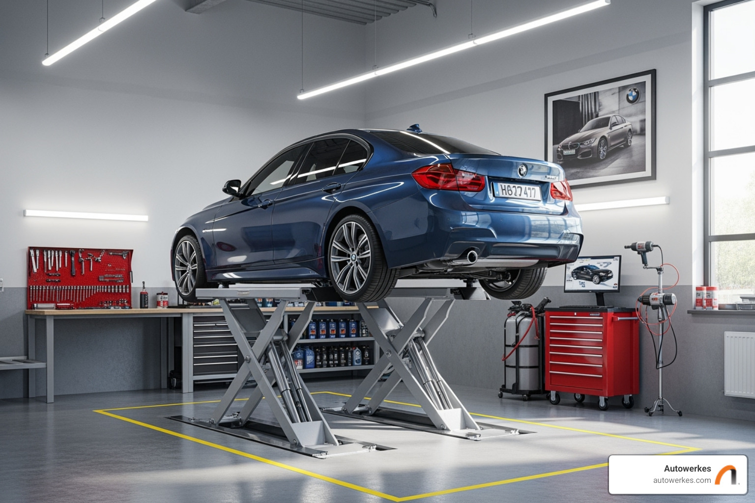 Autowerkes service bay with a BMW on a lift - BMW brake wear indicator