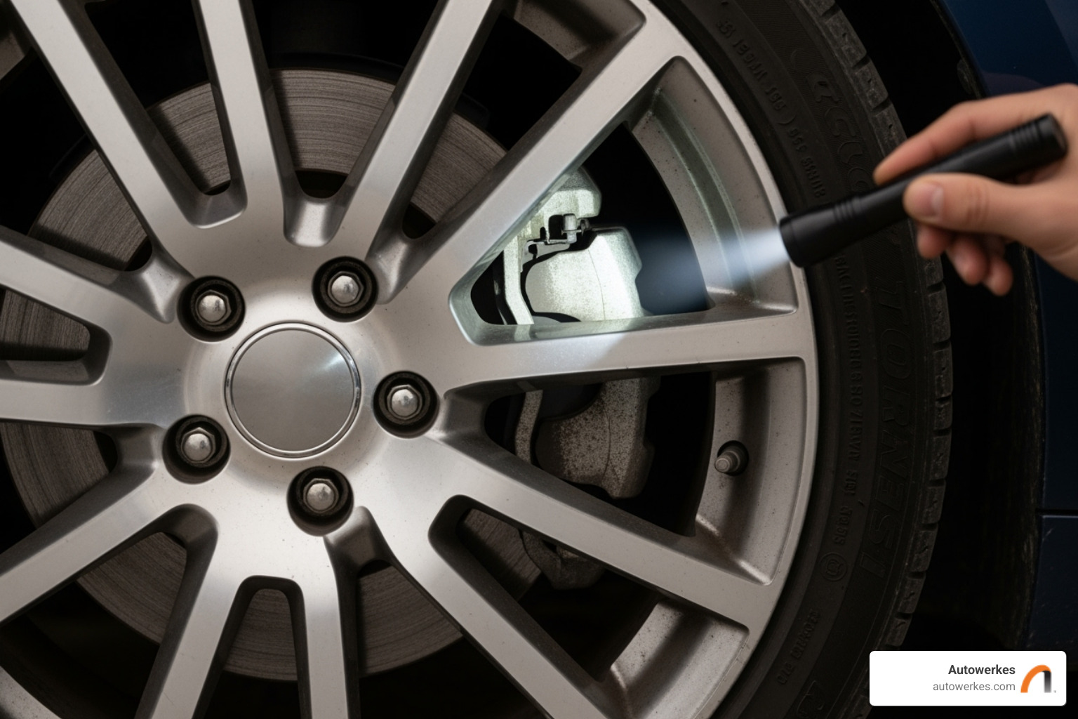 Visual inspection of brake pads through wheel spokes - BMW brake wear indicator