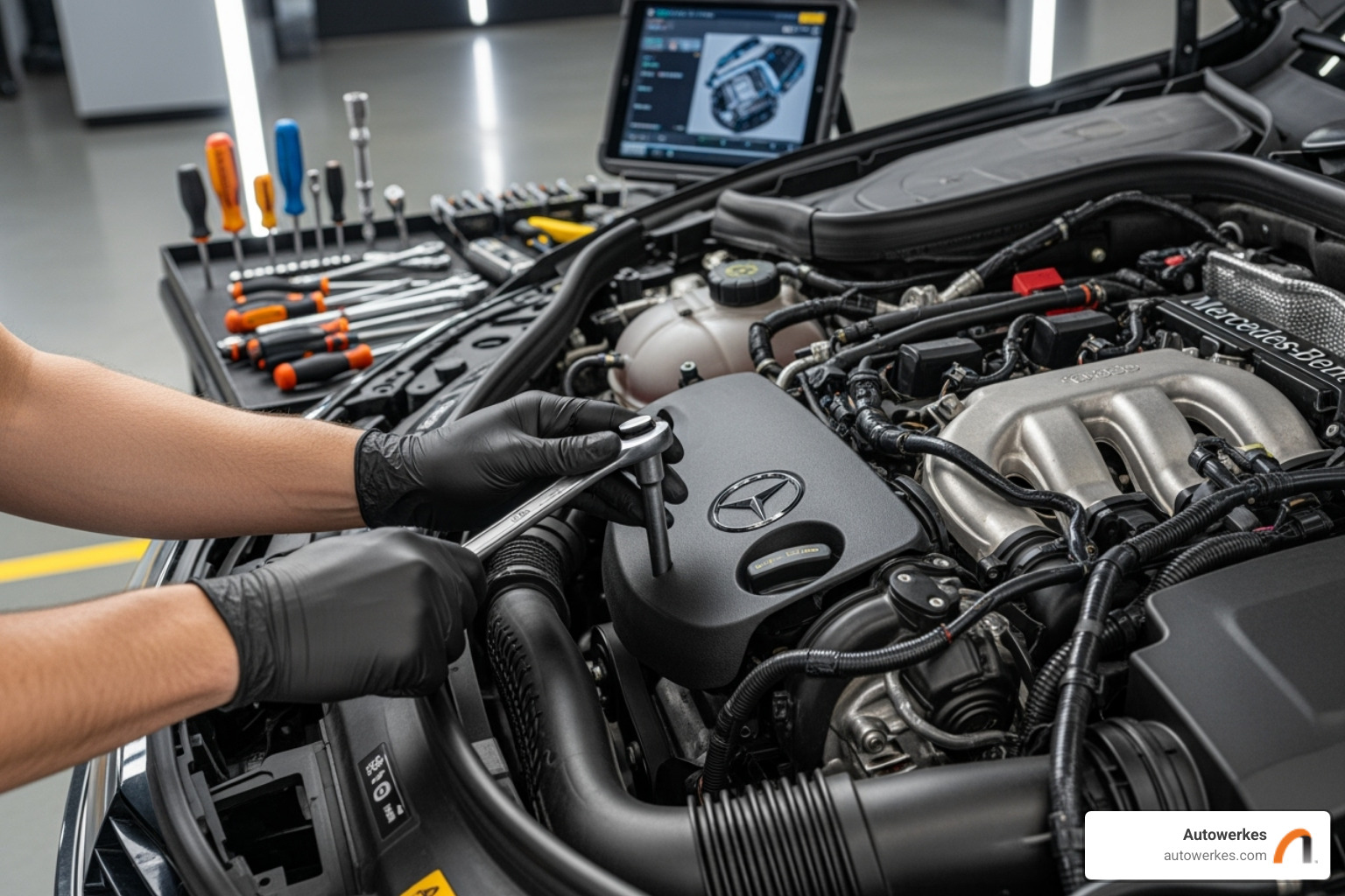 Certified technician working on Mercedes-Benz engine - mercedes benz huntington beach ca