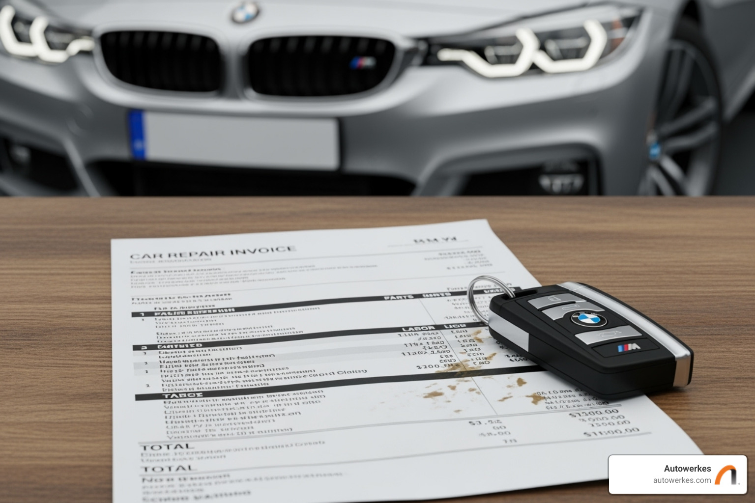 Detailed repair invoice next to a BMW key fob - bmw ac repair shop