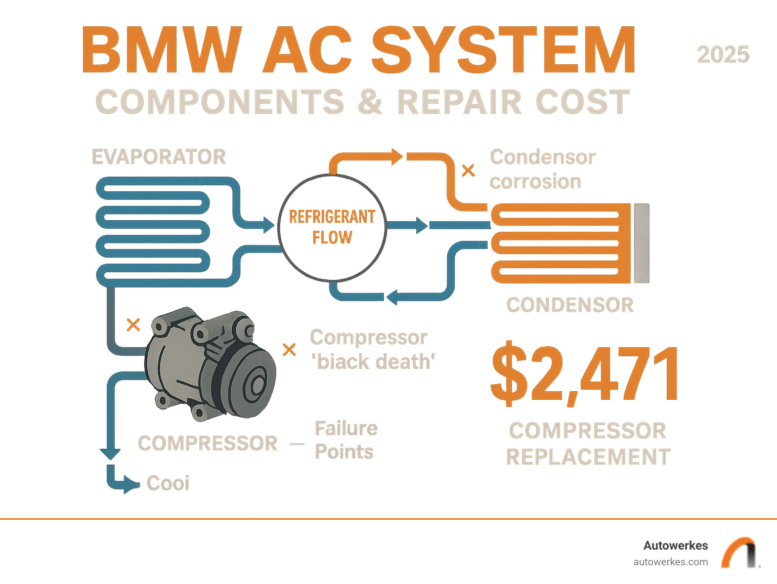 Detailed infographic showing BMW AC system components including compressor, condenser, evaporator, and refrigerant flow with typical failure points and repair costs highlighted - bmw ac repair shop infographic 
