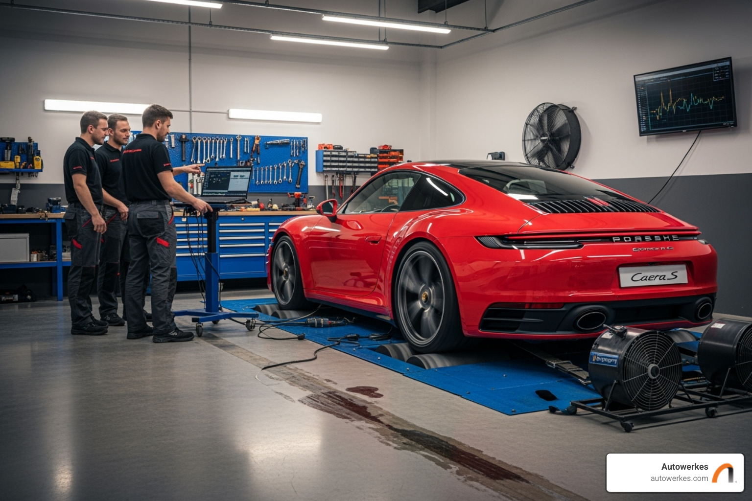 Porsche on a dynamometer during a tuning session - tuning a car engine
