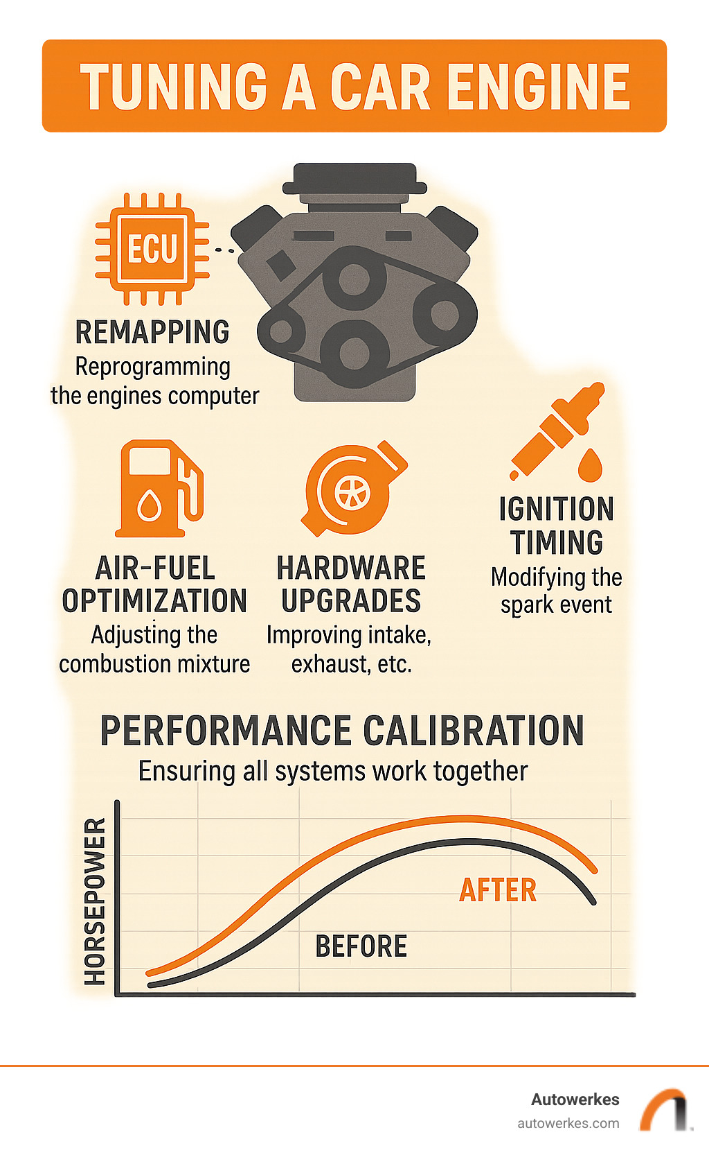Comprehensive engine tuning process showing ECU remapping, air-fuel optimization, ignition timing adjustment, hardware upgrades, and performance calibration with before/after horsepower curves - tuning a car engine infographic 