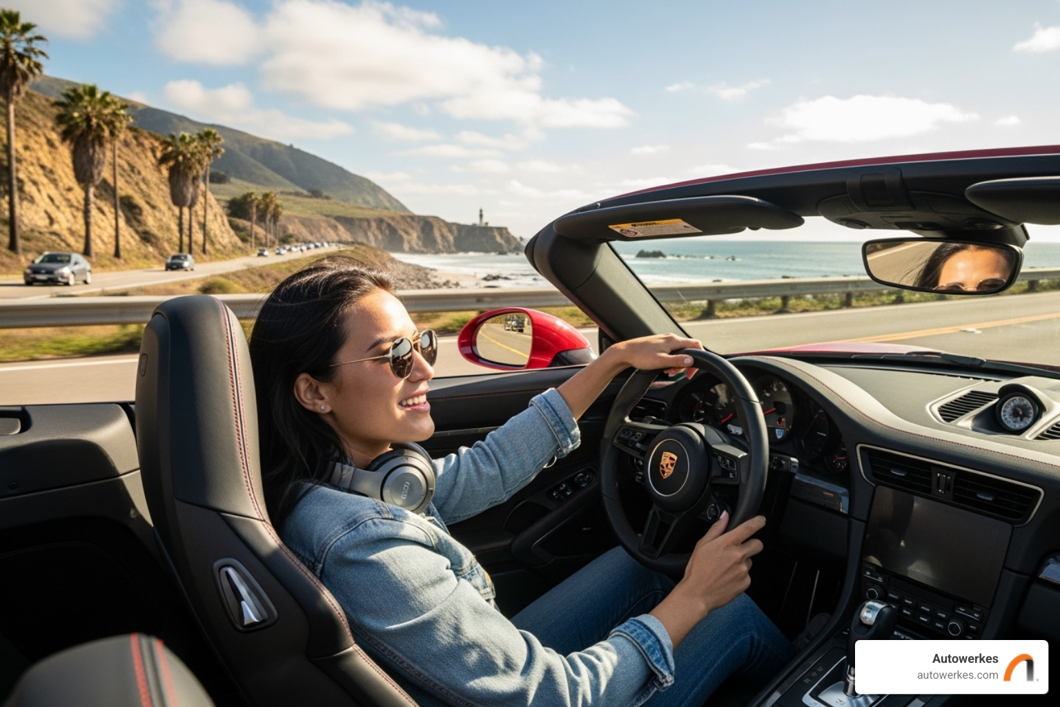 Person enjoying music while driving a Porsche convertible - porsche burmester vs bose Person enjoying music while driving a Porsche convertible - porsche burmester vs bose