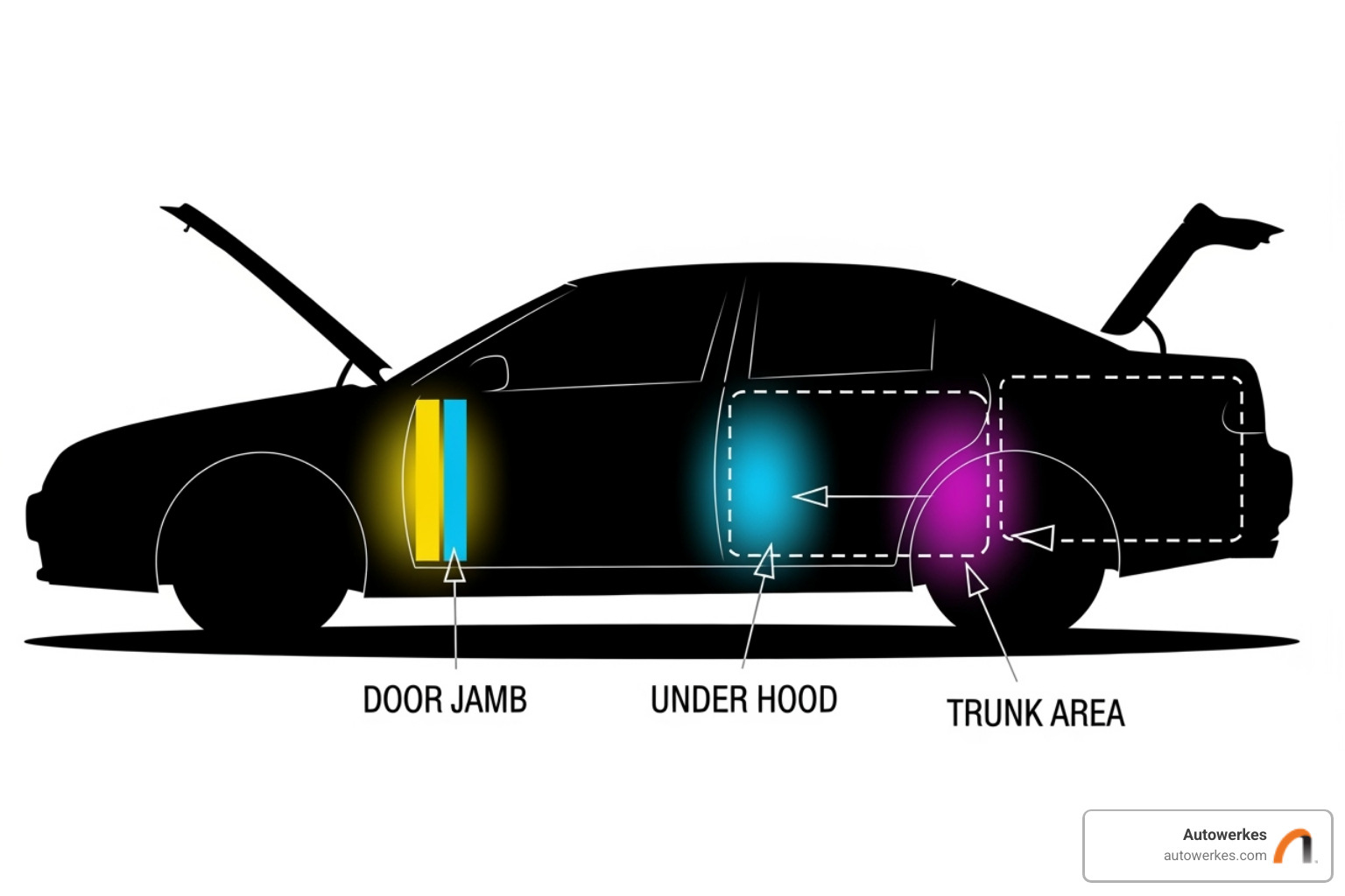 diagram showing common paint code locations - mini cooper paint repair