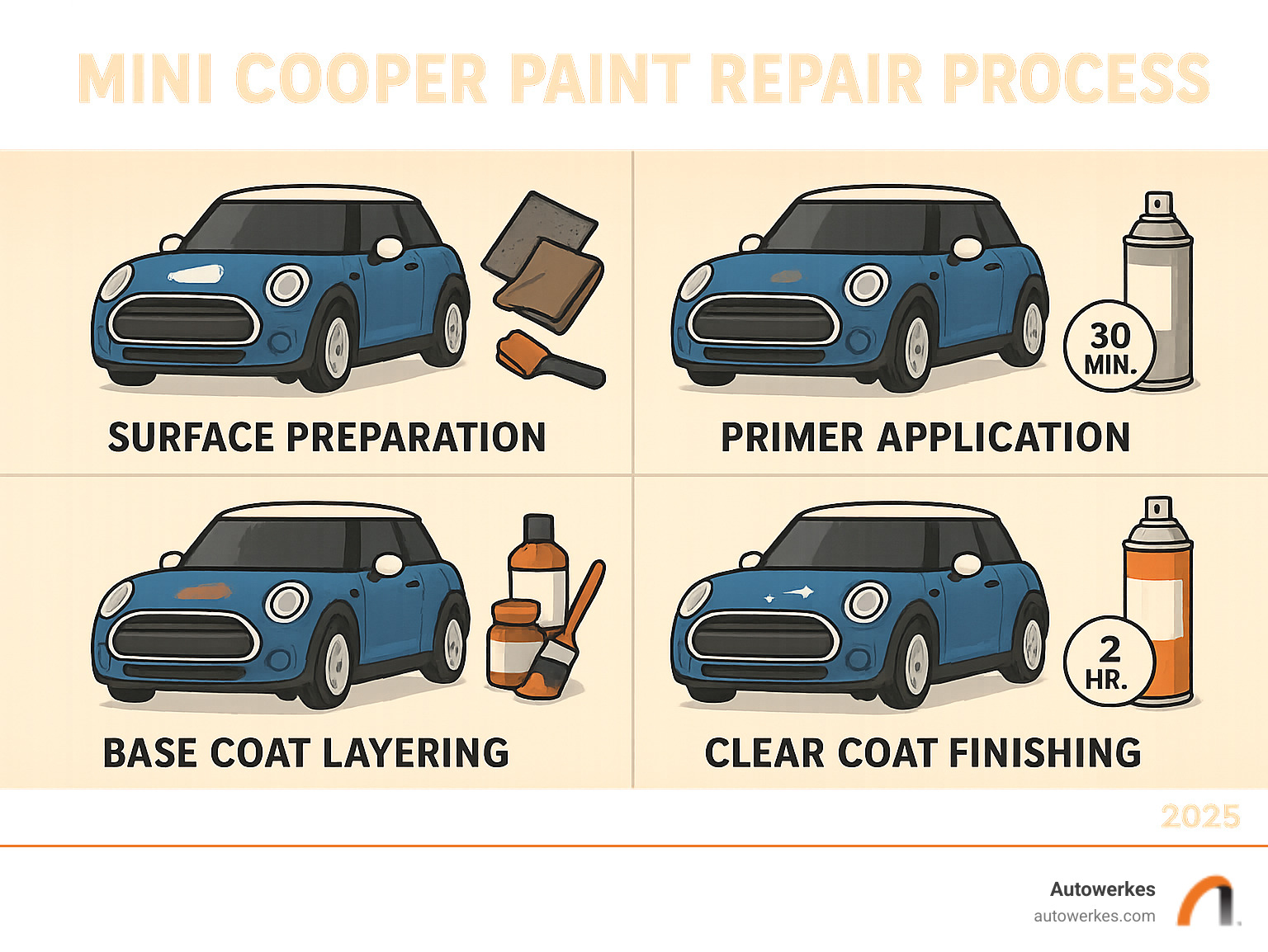 Step-by-step Mini Cooper paint repair process showing surface preparation, primer application, base coat layering, and clear coat finishing with required tools and drying times - mini cooper paint repair infographic 