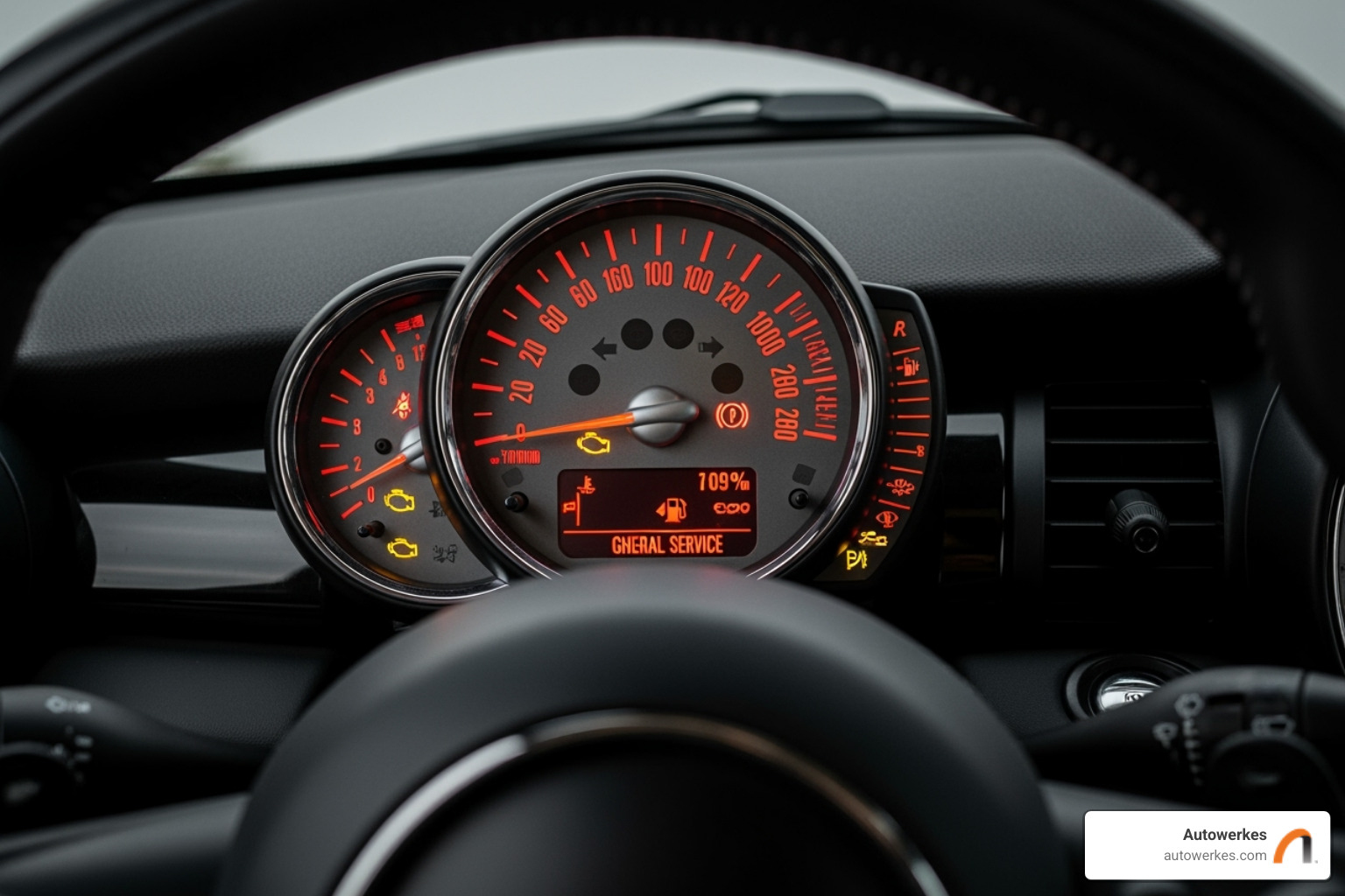 A MINI Cooper dashboard with various warning lights illuminated, indicating a need for service - mini cooper service intervall