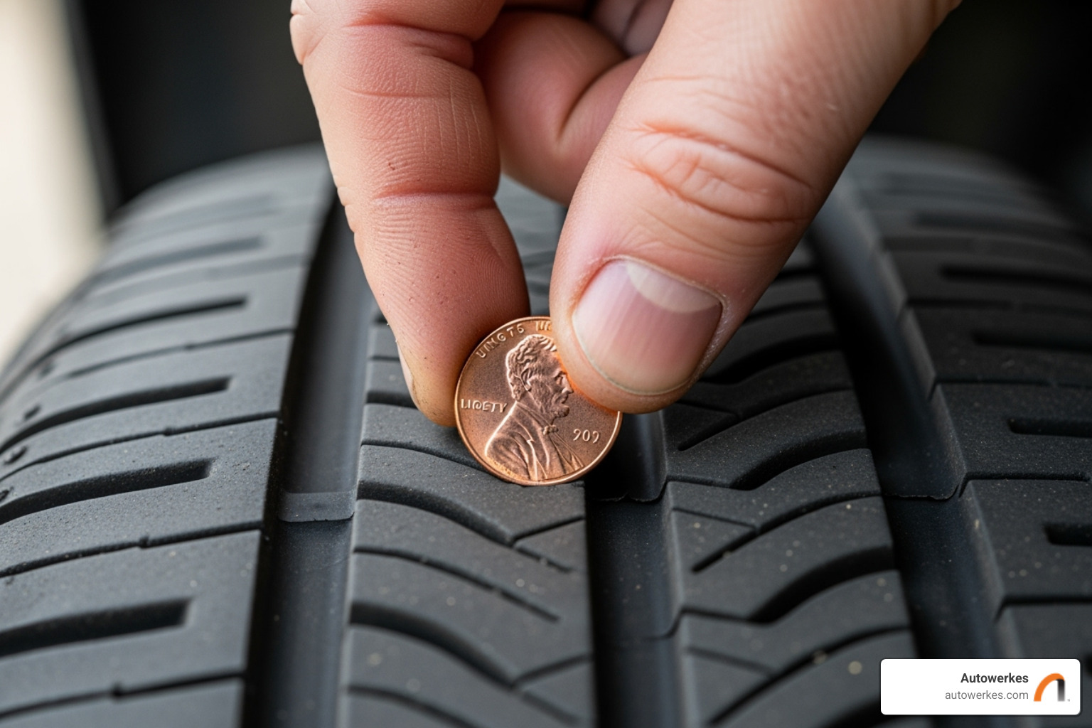 A hand demonstrating the penny test on a tire tread to check for wear - mini cooper service intervall