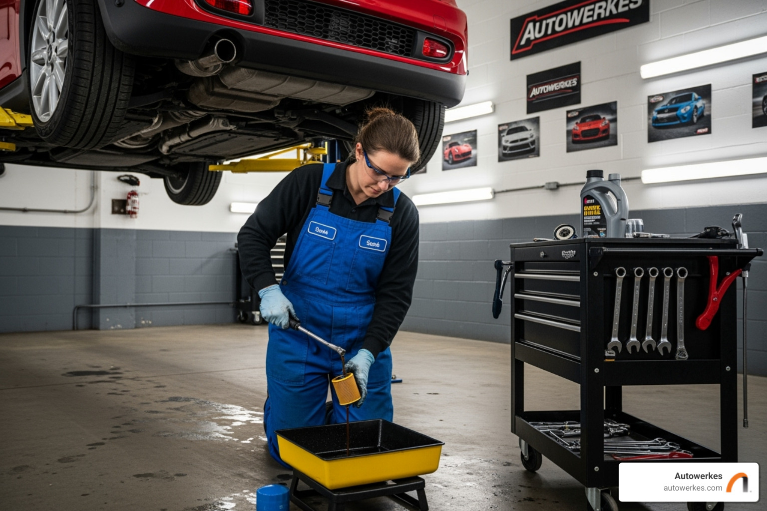 An Autowerkes technician performing an oil change on a MINI Cooper - mini cooper service intervall