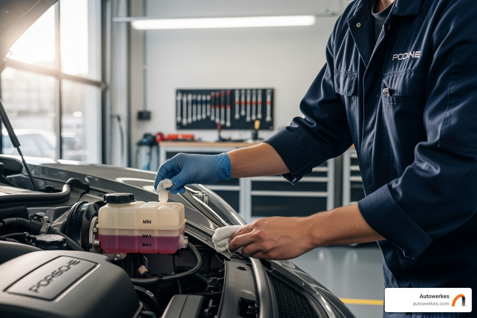 An Autowerkes technician checking brake fluid in a Porsche reservoir - Porsche brake fluid flush An Autowerkes technician checking brake fluid in a Porsche reservoir - Porsche brake fluid flush