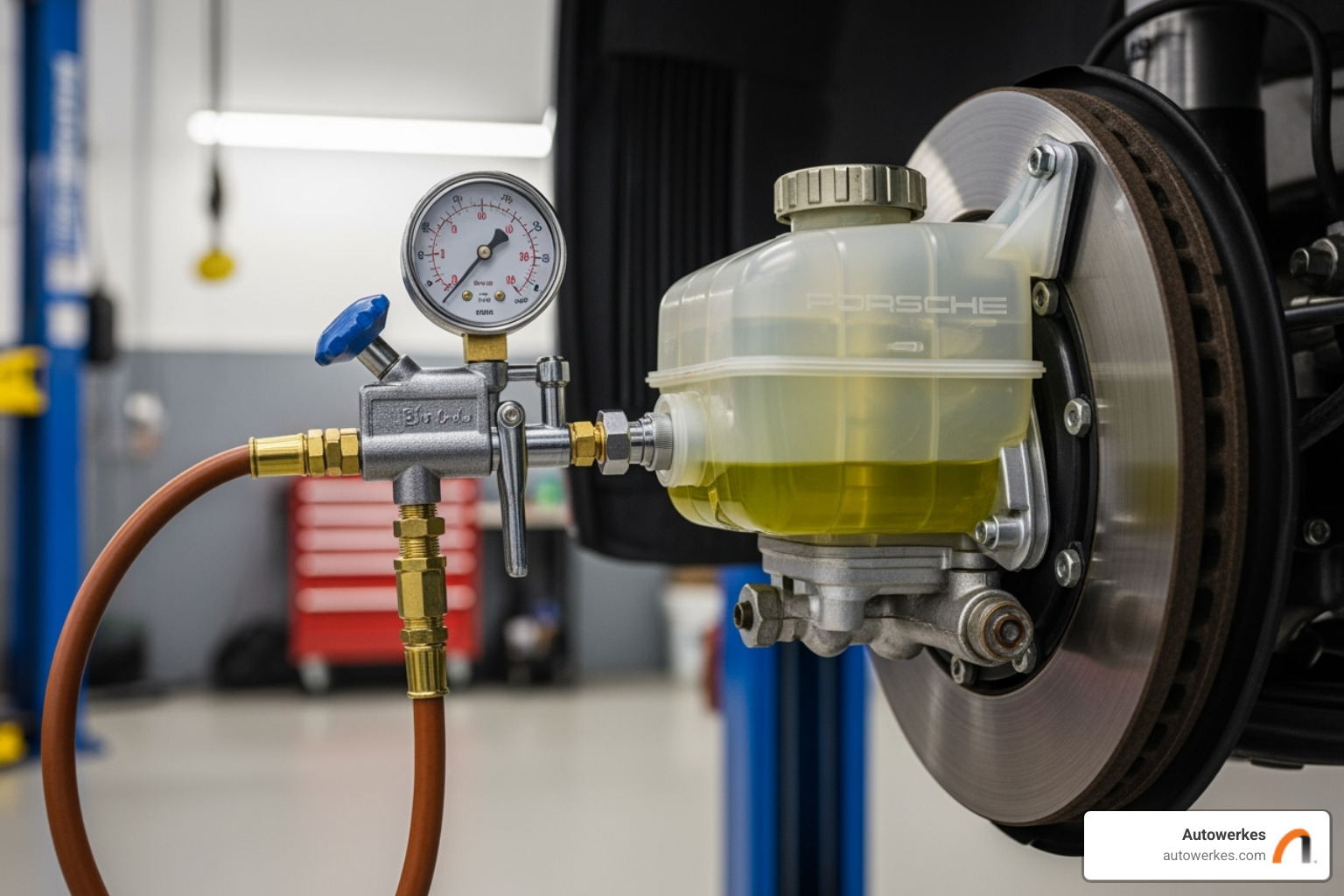 A brake bleeder attached to a Porsche brake fluid reservoir at Autowerkes - Porsche brake fluid flush A brake bleeder attached to a Porsche brake fluid reservoir at Autowerkes - Porsche brake fluid flush
