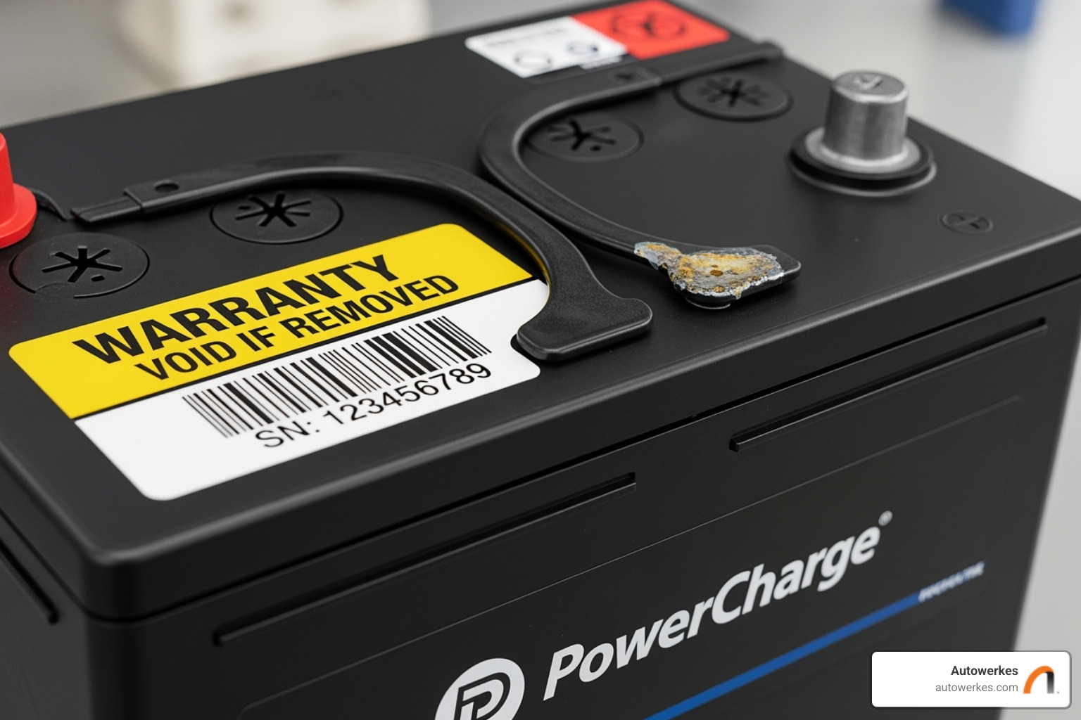 A close-up image of a battery warranty sticker from a battery installed at Autowerkes, showing dates and warranty terms - AGM battery replacement cost