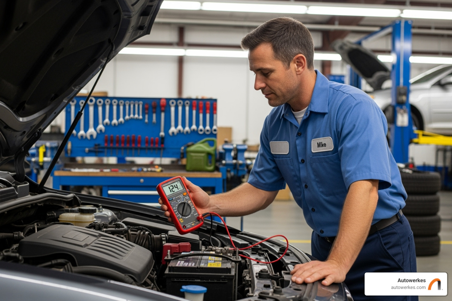 An Autowerkes technician carefully testing a car battery with a multimeter, ensuring accurate readings and diagnosis - AGM battery replacement cost