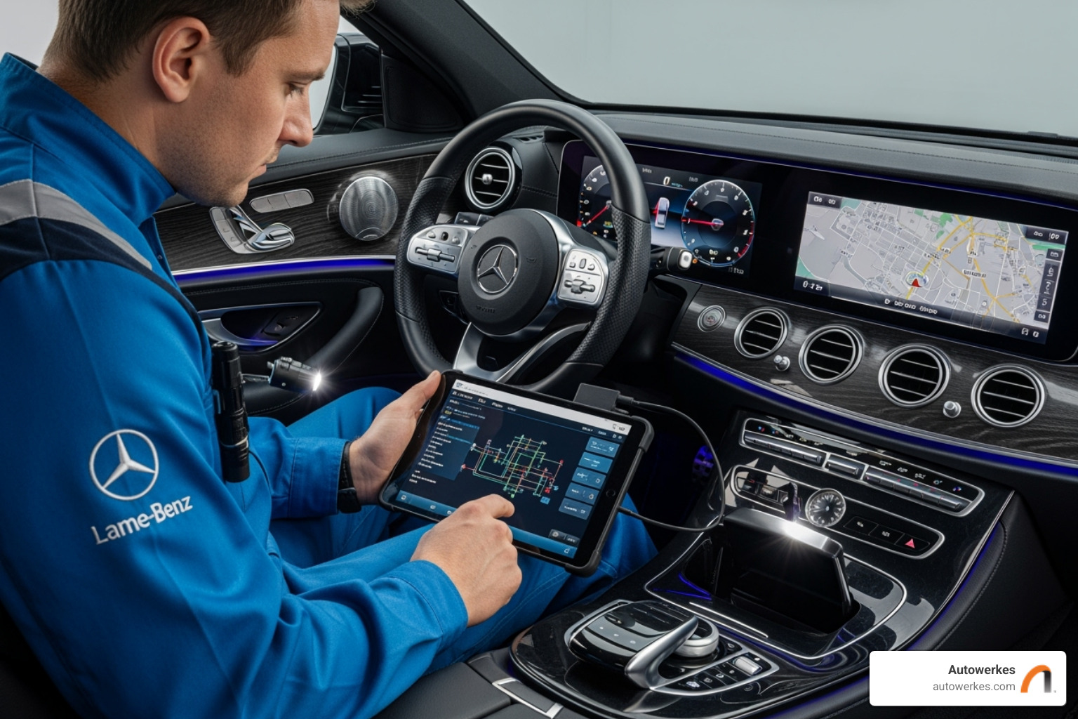 Autowerkes technician performing a diagnostic check on a Mercedes-Benz dashboard - mercedes benz repair huntington beach Autowerkes technician performing a diagnostic check on a Mercedes-Benz dashboard - mercedes benz repair huntington beach