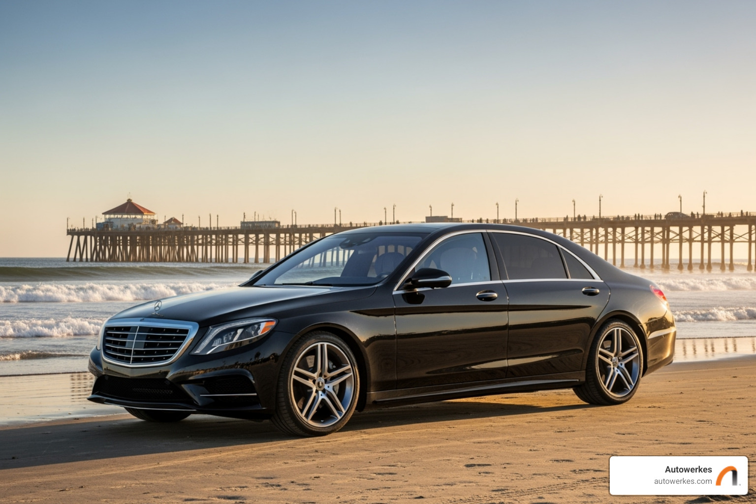 Gleaming Mercedes-Benz parked with the Huntington Beach pier in the background - mercedes benz repair huntington beach Gleaming Mercedes-Benz parked with the Huntington Beach pier in the background - mercedes benz repair huntington beach