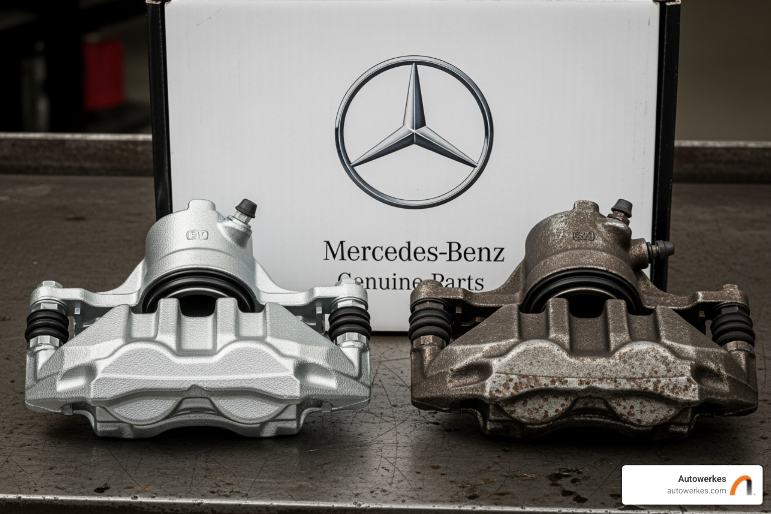 Genuine Mercedes-Benz OEM part in its box next to an older, worn part - mercedes benz repair huntington beach Genuine Mercedes-Benz OEM part in its box next to an older, worn part - mercedes benz repair huntington beach