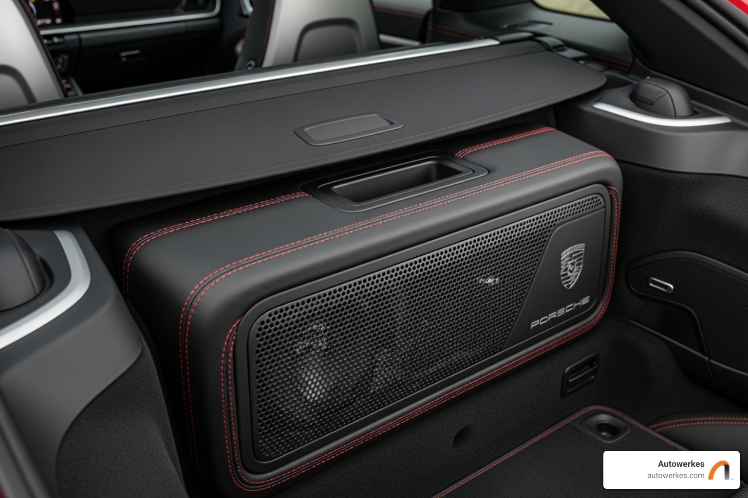 a sleek, integrated aftermarket subwoofer in a Porsche installed by Autowerkes - porsche sound system upgrade