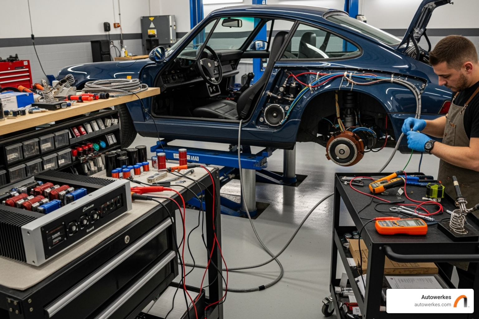 a custom Porsche audio installation in progress at Autowerkes - porsche sound system upgrade