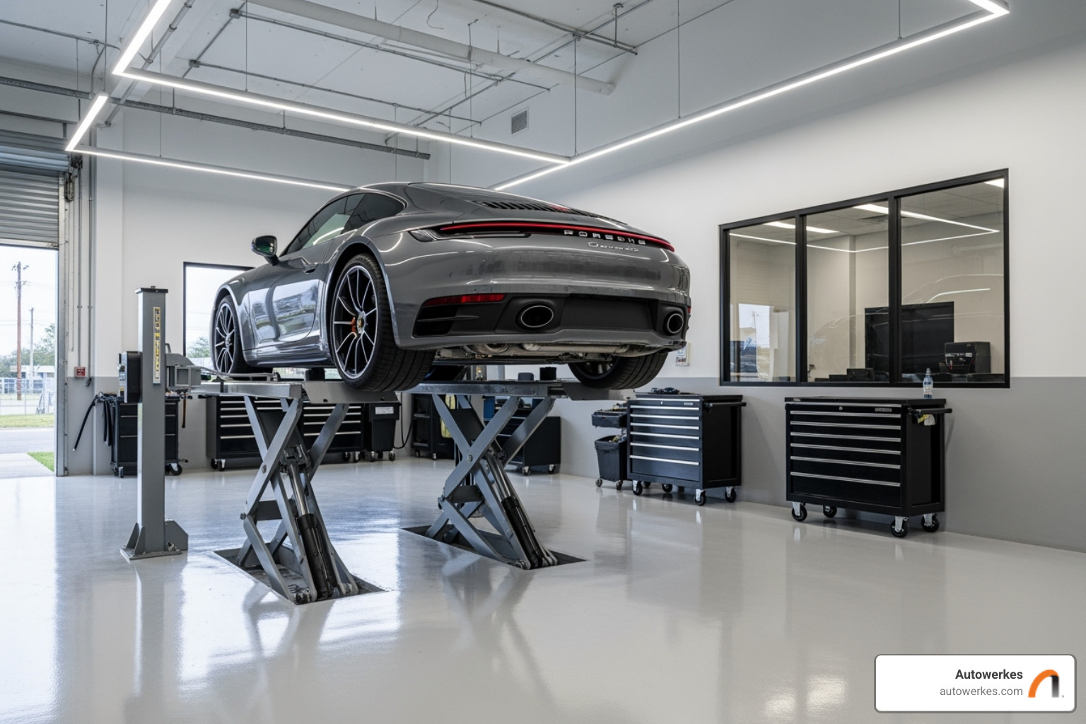 the Autowerkes service bay with a Porsche on a lift - porsche sound system upgrade