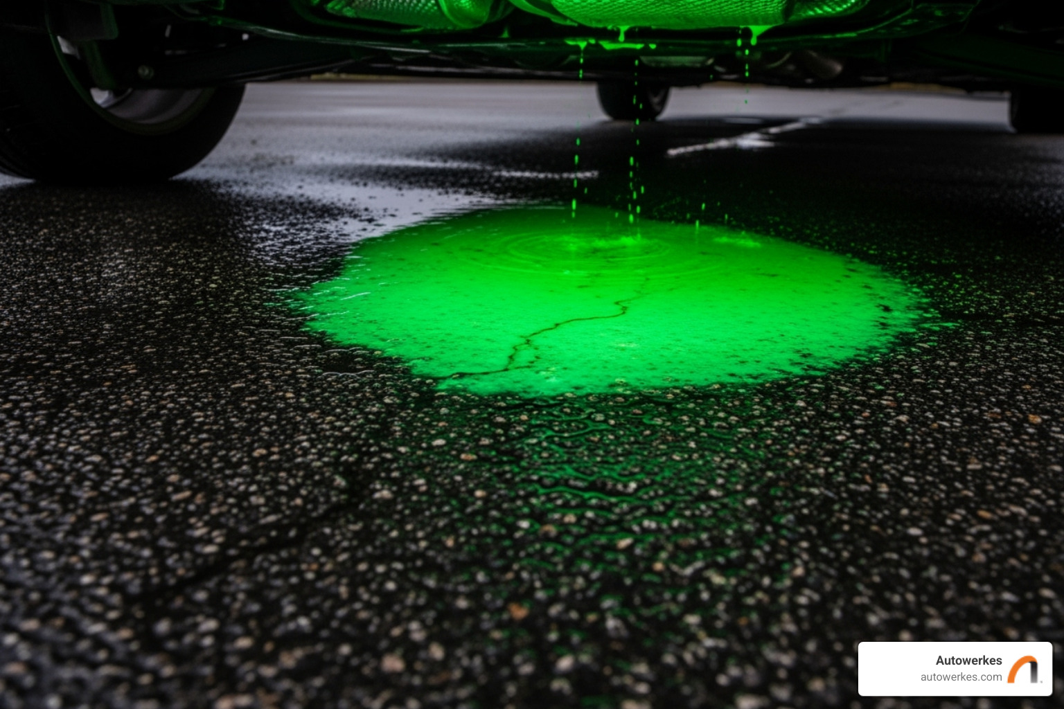 A bright green coolant puddle on pavement under a car - mini cooper radiator repair
