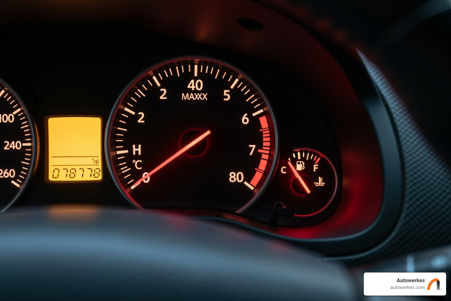 A car's temperature gauge showing the needle in the red zone, indicating overheating - mini cooper radiator repair