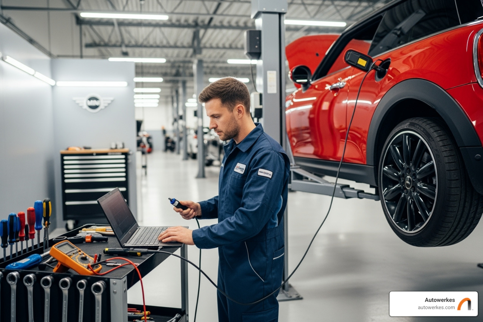 Autowerkes technician performing a diagnostic check on a MINI Cooper - mini cooper service