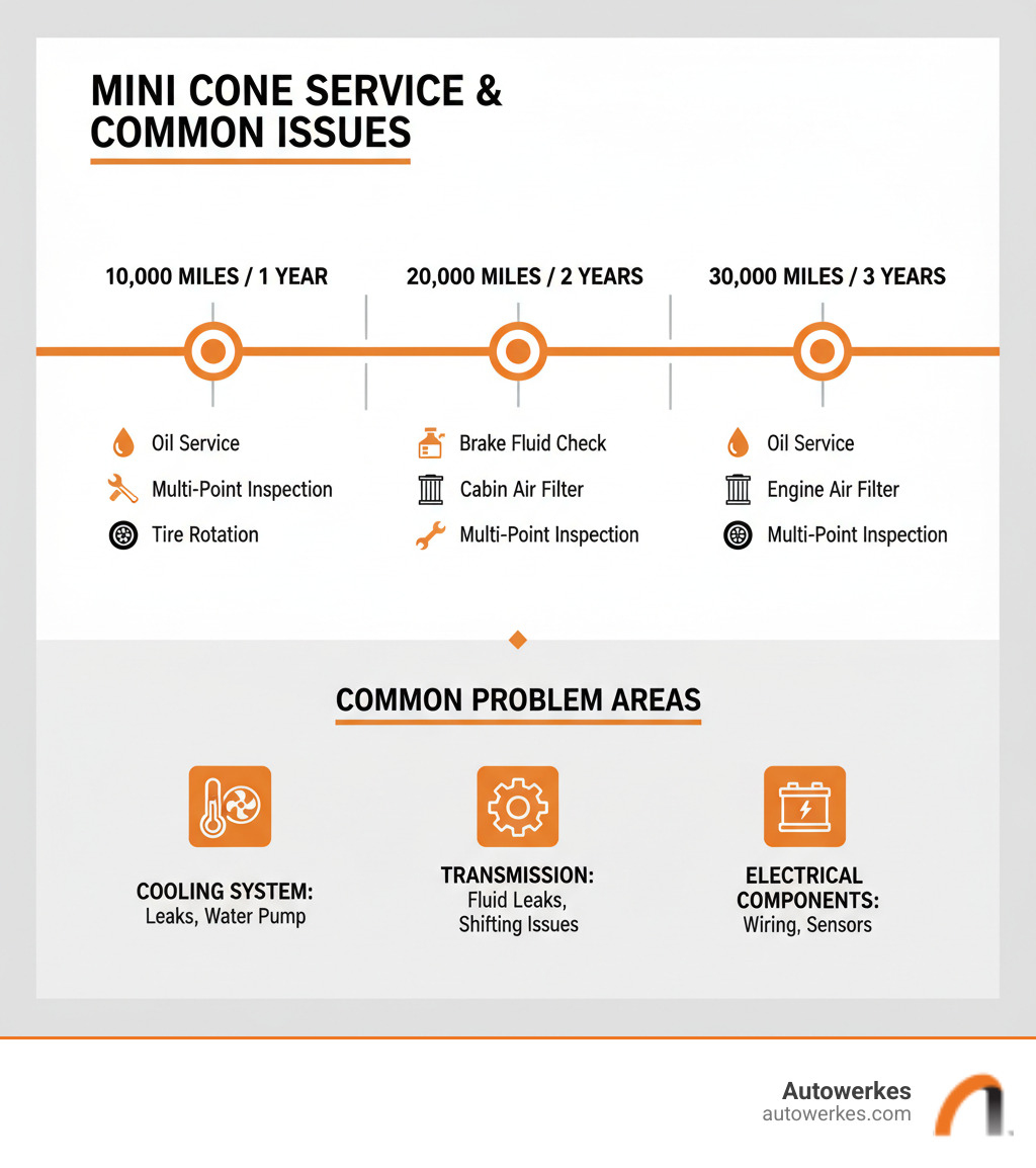 Comprehensive infographic showing MINI Cooper maintenance timeline with key services at 10,000-mile intervals including oil service, brake fluid checks, filter replacements, and multi-point inspections, plus common problem areas like cooling system, transmission, and electrical components - mini cooper service infographic 
