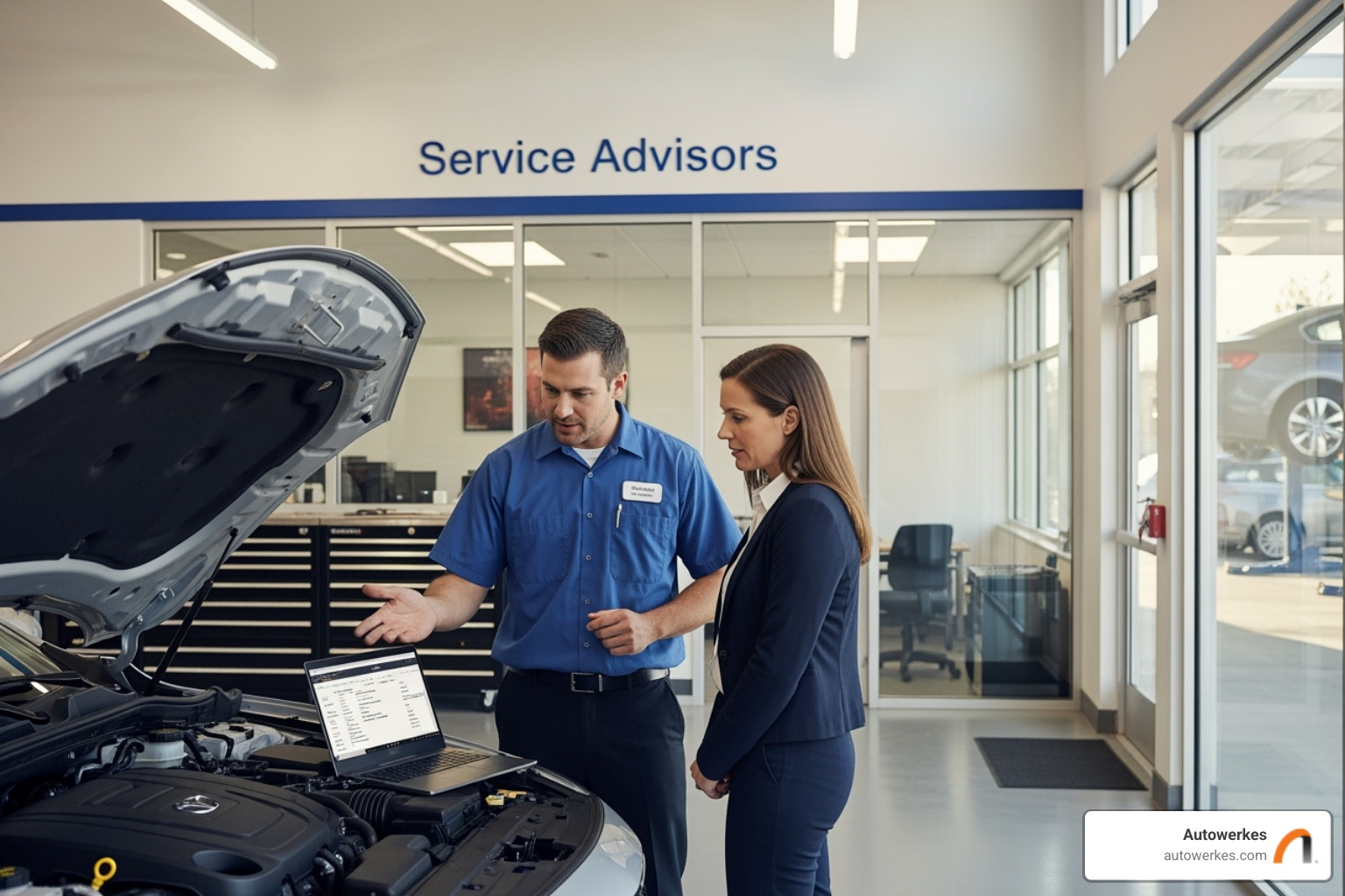 Car owner discussing issues with service advisor - auto repair irvine