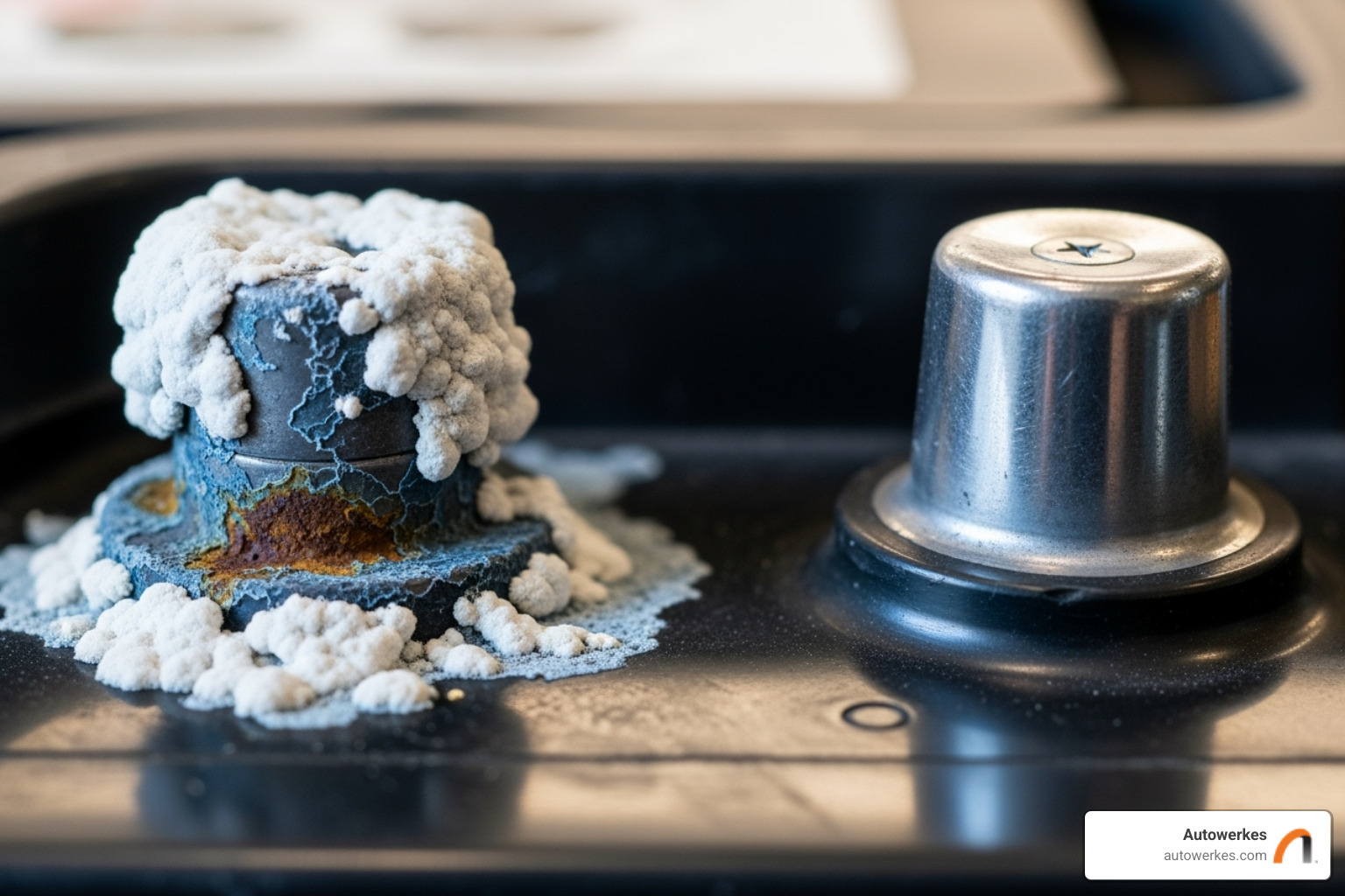 A close-up image of a car battery with one terminal showing heavy corrosion and the other appearing clean, illustrating the difference - battery replacement