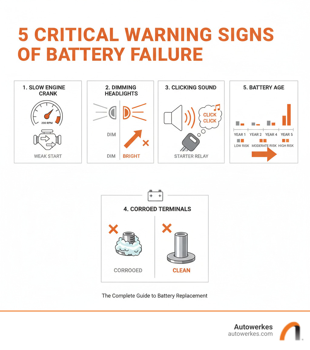 Comprehensive infographic showing the 5 critical warning signs of battery failure including slow engine crank with RPM gauge, dimming headlights comparison, clicking sound visualization, corroded vs clean battery terminals, and battery age timeline from 1-5 years with failure risk indicators - battery replacement infographic 