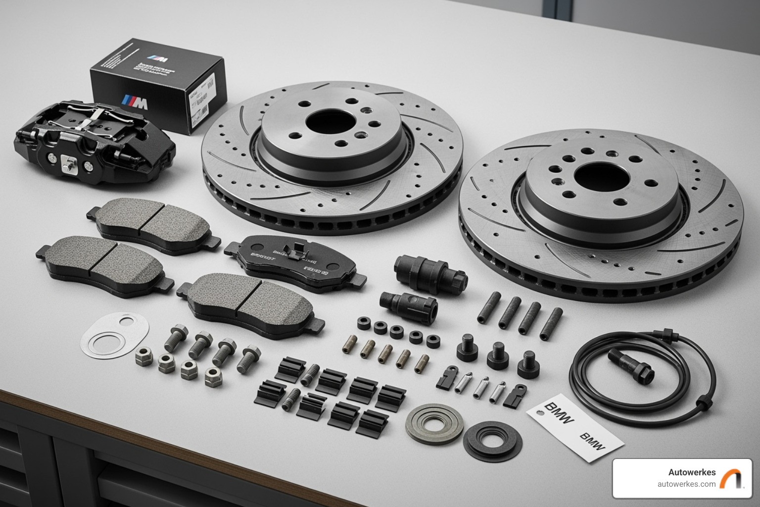 Complete BMW brake kit including pads, rotors, sensor, and hardware - bmw brake replacement