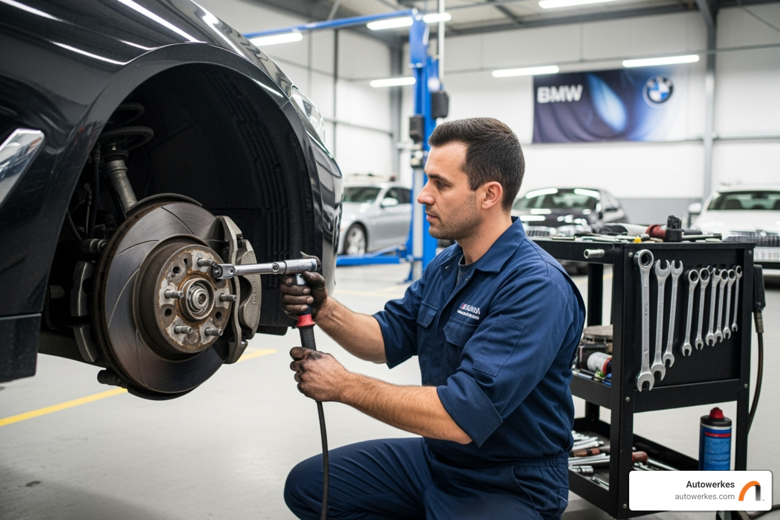 Autowerkes technician servicing a BMW's brakes in a clean workshop - bmw brake replacement