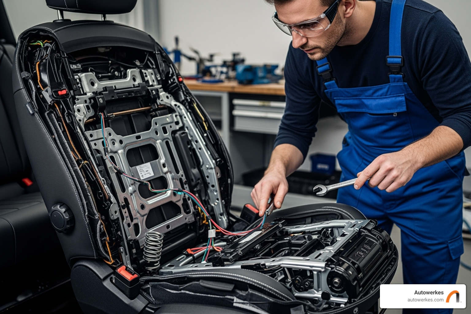 technician inspecting a Mini Cooper seat mechanism - mini cooper seat repair technician inspecting a Mini Cooper seat mechanism - mini cooper seat repair