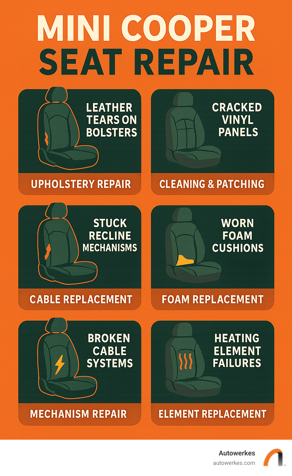 Infographic showing Mini Cooper seat damage types including leather tears on bolsters, cracked vinyl panels, stuck recline mechanisms, worn foam cushions, broken cable systems, and heating element failures with corresponding repair solutions - mini cooper seat repair infographic Infographic showing Mini Cooper seat damage types including leather tears on bolsters, cracked vinyl panels, stuck recline mechanisms, worn foam cushions, broken cable systems, and heating element failures with corresponding repair solutions - mini cooper seat repair infographic
